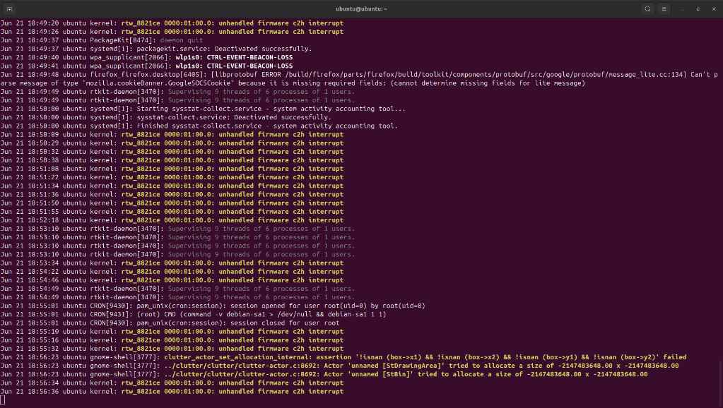 journalctl -f terminal window during Ubuntu testing